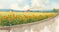 A scenic watercolor illustration depicts a vibrant field of sunflowers Royalty Free Stock Photo